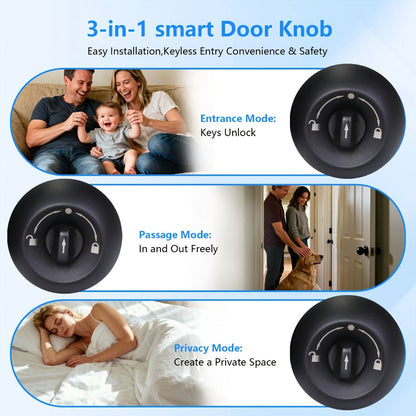 Wireless Smart Door Knob Lock with Fingerprint & App Control - 3-in-1 Biometric Keyless Entry, Auto-Lock, Remote Access Management for Bedroom, Home, Hotel & Office, Easy DIY Install, Black