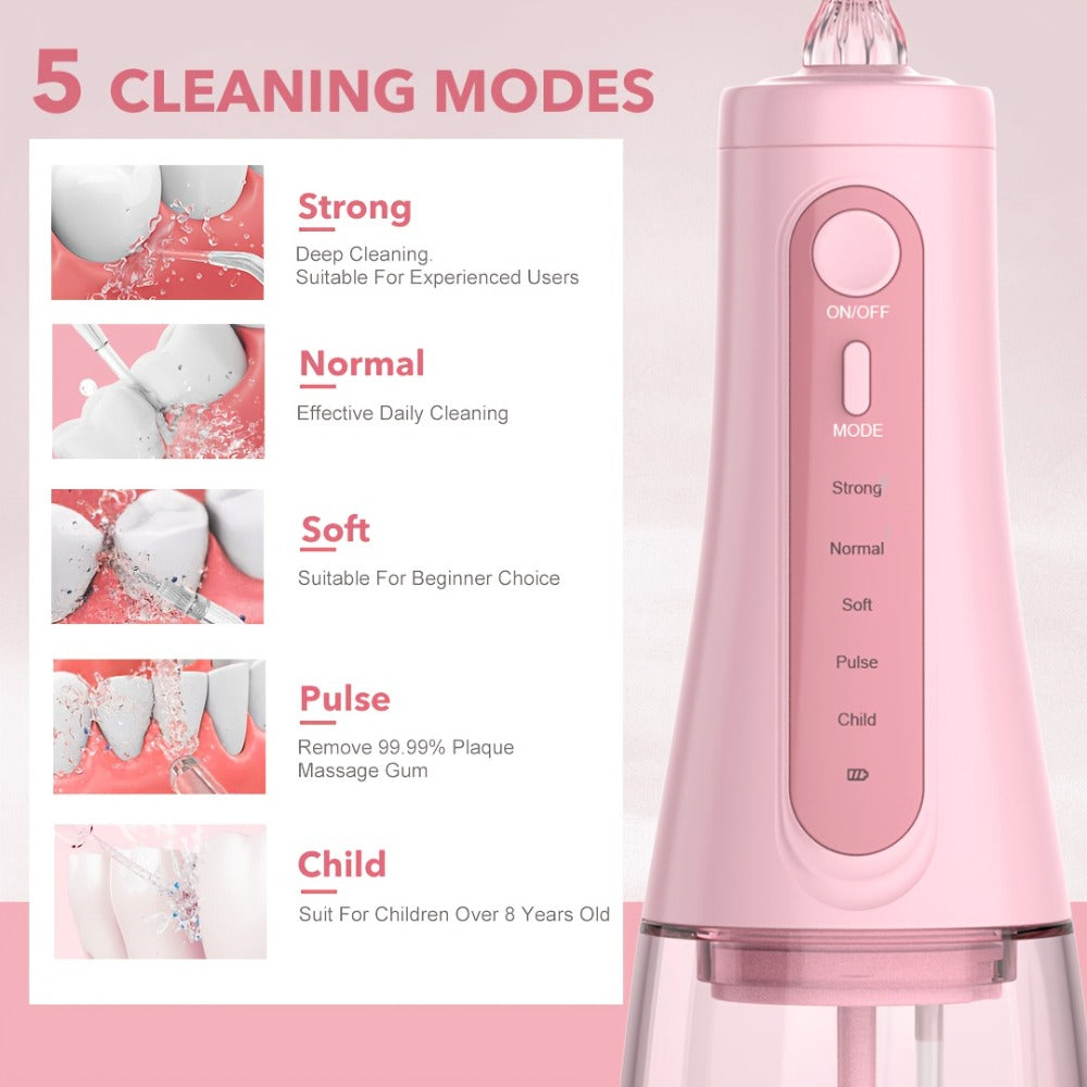Cordless Water Flosser Oral Irrigator 5 Modes — 6 Interchangeable Tips, IPX7 Waterproof, 350ml Tank, Rechargeable, Ideal for Braces, Bridges & Implants, Home & Travel Teeth Cleaning
