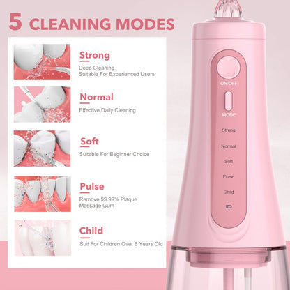 Cordless Water Flosser Oral Irrigator 5 Modes — 6 Interchangeable Tips, IPX7 Waterproof, 350ml Tank, Rechargeable, Ideal for Braces, Bridges & Implants, Home & Travel Teeth Cleaning
