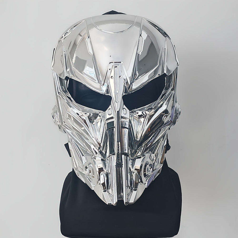 Silver-Plated Mechanical Costume Mask with Full-Face Sci-Fi Design and Sculpted Black Interior