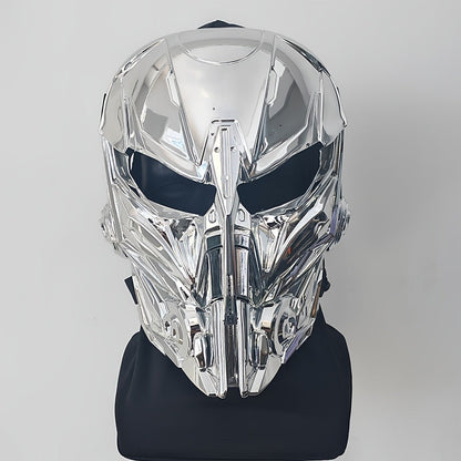Silver-Plated Mechanical Costume Mask with Full-Face Sci-Fi Design and Sculpted Black Interior