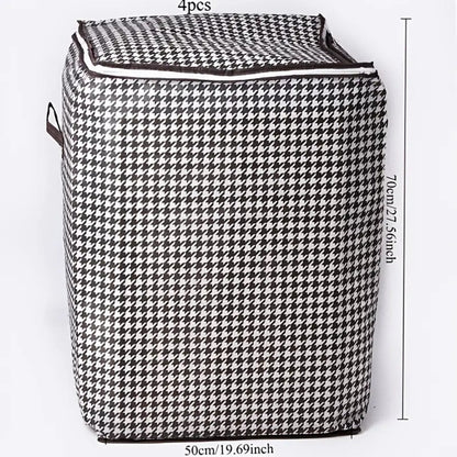 4pcs Large Storage Box Set with Lid & Handle – Black White Checkered, Stackable, Thickened Lining, Double Zipper, Under-Bed & Moving Organizer