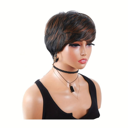 Synthetic Wig 10-Inch Bronze Ombre Pixie with Bangs, Straight Texture and Rose Net Cap for Daily Style