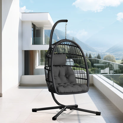 Rattan Wicker Hanging Egg Chair with Stand, Aluminum Frame and 11 Cushion and Size Options