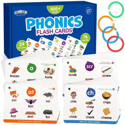 Phonics Flash Cards for Kids 76 Cards 24 Principles – CVC Digraphs Consonant Blends Long Vowels, Learn to Read Spelling Aid for Kindergarten Homeschool Classroom, Educational Gift Pre-K 1st 2nd Grade Ages 3-8