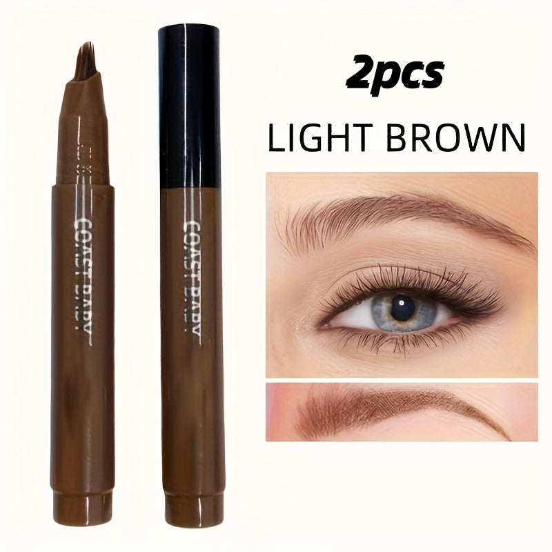 Eyebrow Pencil 2-Pack Multi-Fork Tip Waterproof — 4 Shades Natural Hair Stroke Effect Brow Pen Smudge-Proof Long-Lasting Microblading Look Hairline Filler for Sparse Brows Beginners Women