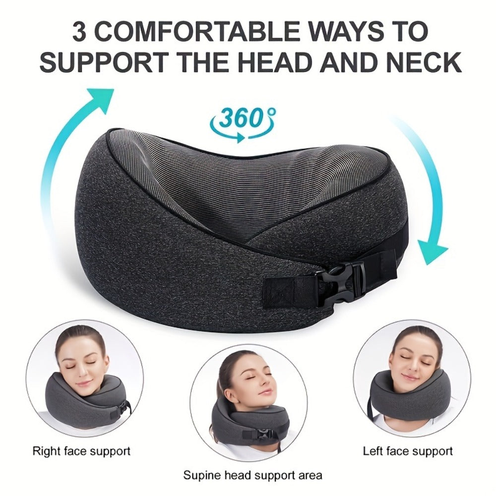Black Memory Foam Travel Neck Pillow with Front Buckle, 23 × 15 × 28 cm Label, Removable Cover and Carry Bag