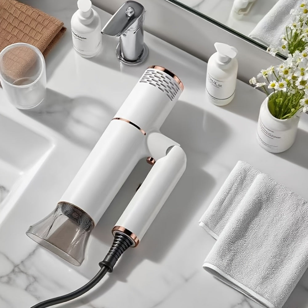Foldable Hair Dryer with Concentrator Nozzle & Stand — Bristle Motor Hot & Cold Air, Quick Dry Professional Blow Dryer for Women & Men, Home Travel Dorm, White Blue Pink Champagne