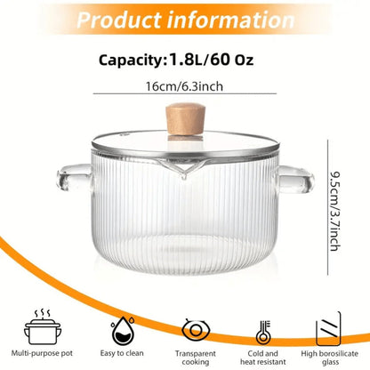 Ribbed Transparent Glass Cooking Pot with Lid in 60.87oz or 77.77oz Sizes, Clear Side Handles and Pouring Spout