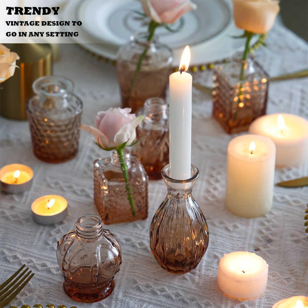 Amber Glass Bud Vases, 36-Piece Mixed Shape Bottle Set for Tables, Shelves and Event Centerpieces