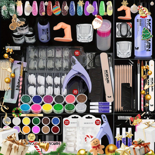 Complete Acrylic Nail Art Kit with Glitter — Pink Clear White Acrylic Powder 12 Color Glitter Powder Nail Liquid Clippers Full Tool Set All-in-One Manicure Gift for Nail Lovers