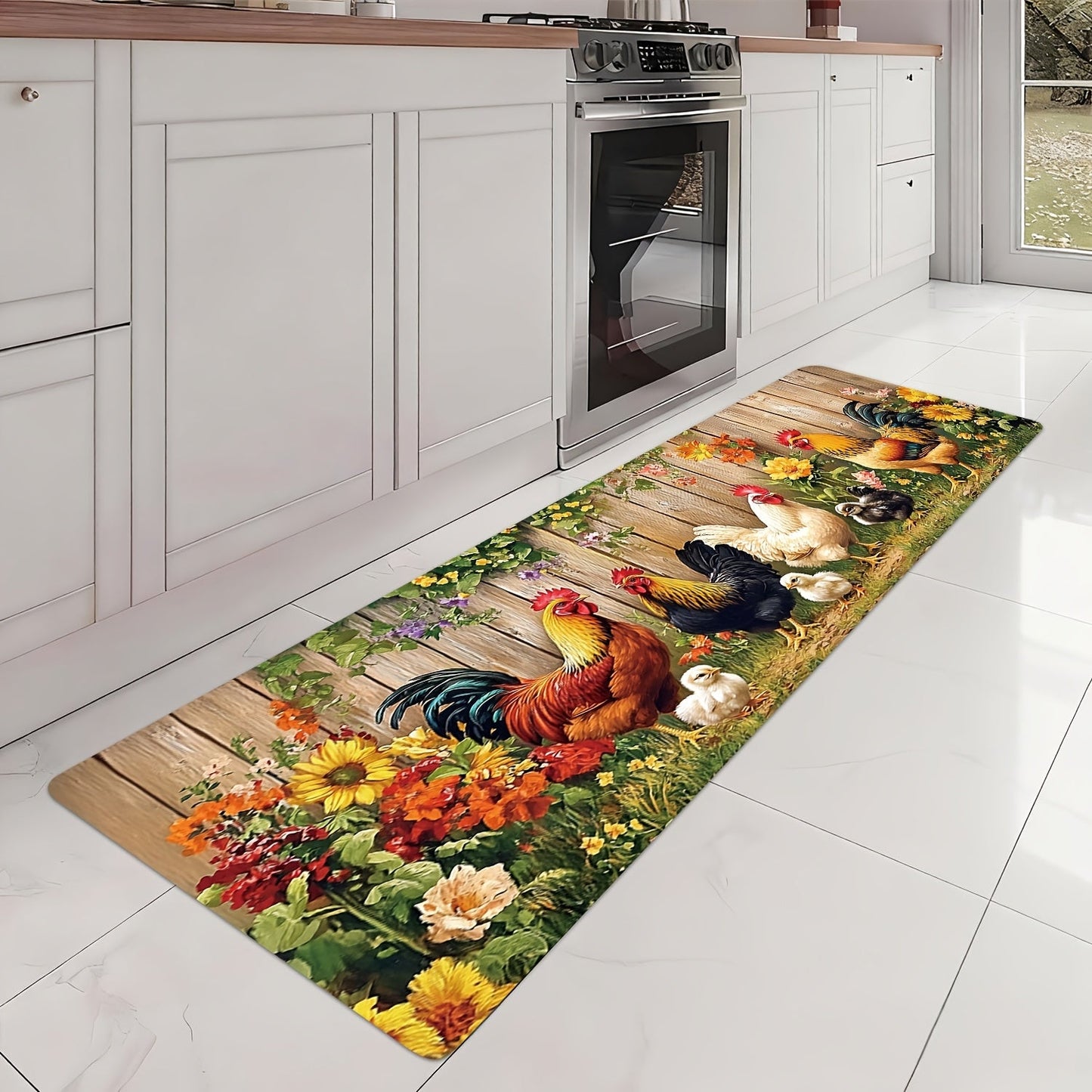 Rooster Farmhouse Kitchen Rugs in Round, Runner and 1- to 4-Piece Mat Set Size Options for Floors