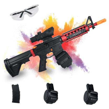 Red-and-Black M416-Style Electric Gel Blaster Set with Scope, Drum, Magazine, Goggles and Charging Cable
