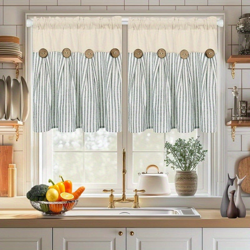 Striped Patchwork Window Curtain Set with Rod-Pocket Top, Six Colors and Five Panel-Count or Size Options