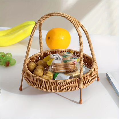 Wire Frame Storage Basket - Hand-Woven Imitation Rattan with Solid Iron Structure, Open-Top Organizer Bin for Fruits Shelf Kitchen Gifts, Rustic Farmhouse Style