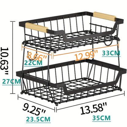Two- or Three-Tier Black Wire Fruit Basket with Wood-Look Handle and Two Banana Hanger Hooks