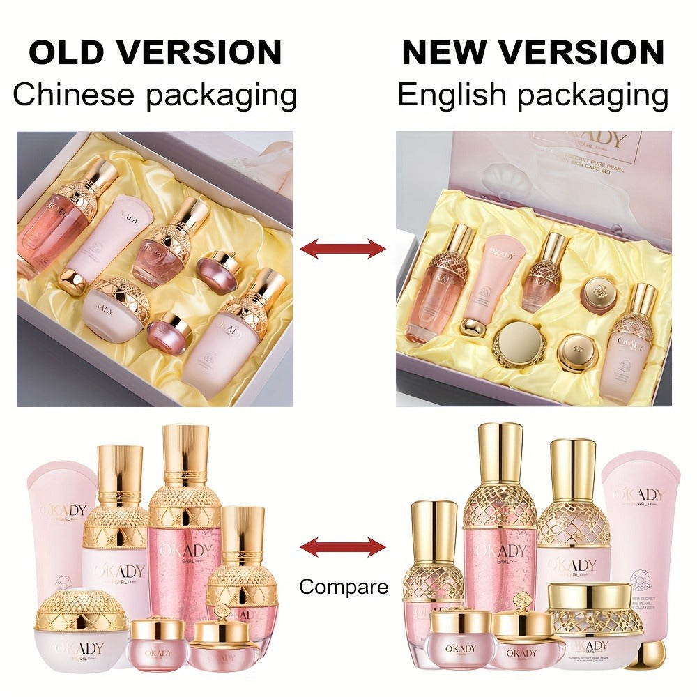 7-Piece Pearl-Themed Skincare Gift Set with Coordinated Facial-Care Bottles and Jars in a Fitted Box