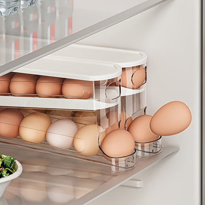 White Double-Layer Rolling Egg Dispenser with 38.2 cm Length for Refrigerator Shelf Storage