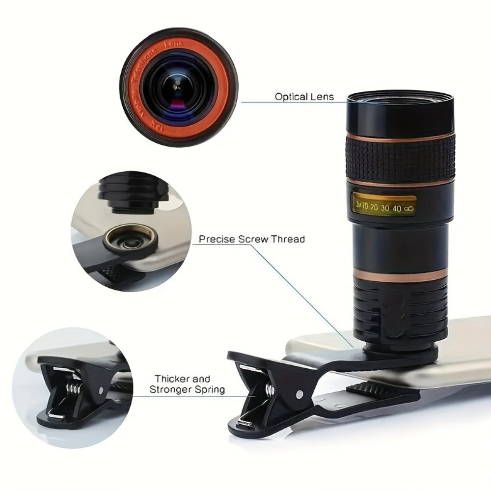 Twelve-Times Clip-On Telephoto Lens for Smartphones with Adjustable Focus and Pictured 3.2 cm Body Width