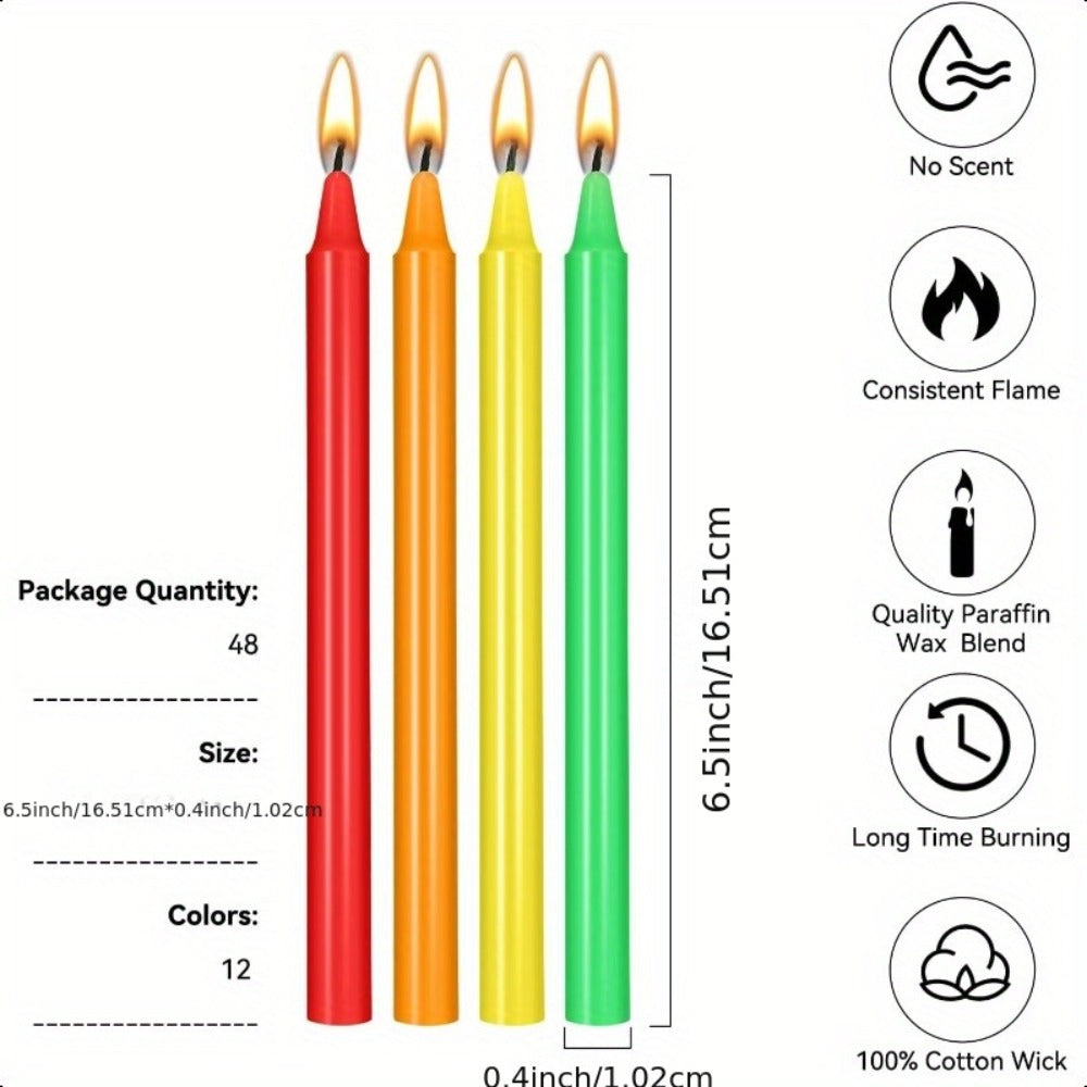 Unscented Chime Candle Set with 6.3-Inch Slim Paraffin Tapers in Assorted Colors and 24- or 48-Piece Packs
