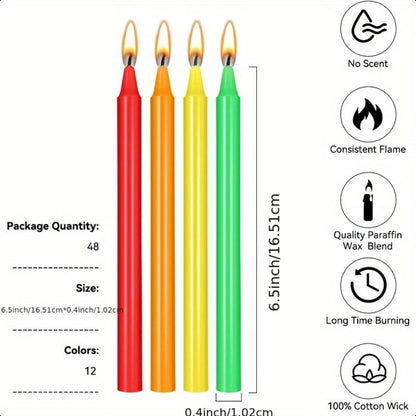 Unscented Chime Candle Set with 6.3-Inch Slim Paraffin Tapers in Assorted Colors and 24- or 48-Piece Packs