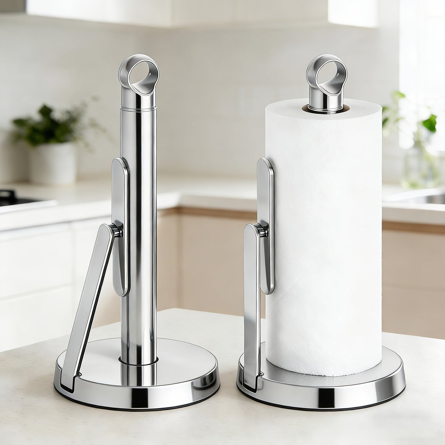 Paper Towel Holder Countertop - Stainless Steel Standing Dispenser with Tension Arm for One-Handed Tear, Modern Kitchen Roll Holder in Silver White Gold Black