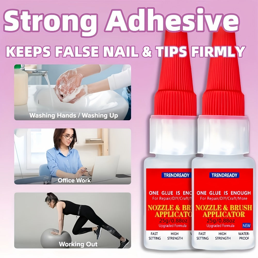 Nail Glue Salon Grade Super Glue 2-Pack – Heavy Duty Clear Adhesive for Artificial Nails, Multi-Surface Repairs, Waterproof with Dropper & Brush, Non-Yellowing