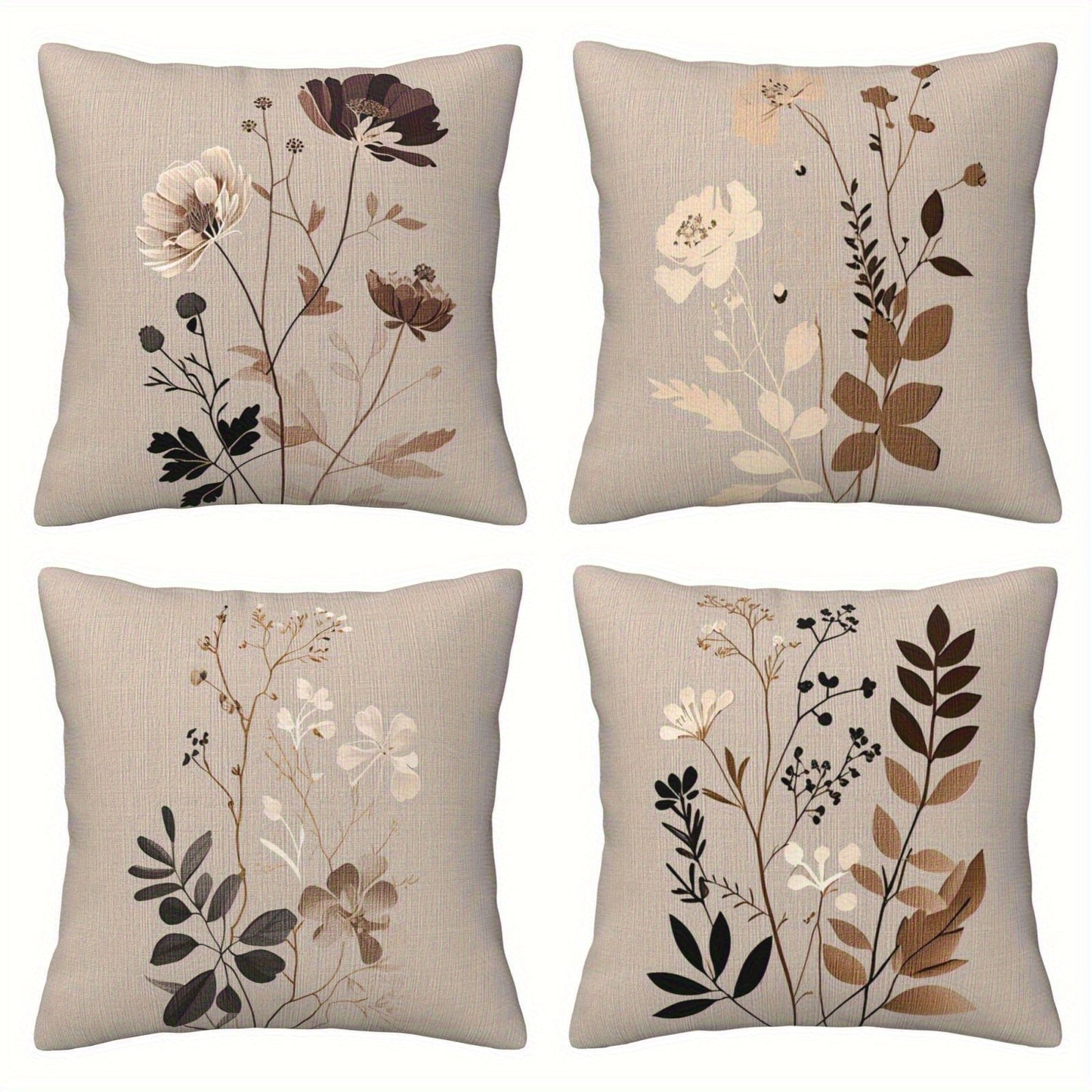 Neutral Botanical Throw Pillow Covers, Four-Piece 18 x 18-Inch Set with Beige, Brown and Gray Floral Prints