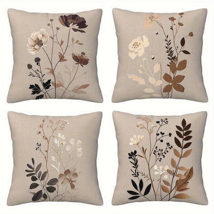 Neutral Botanical Throw Pillow Covers, Four-Piece 18 x 18-Inch Set with Beige, Brown and Gray Floral Prints