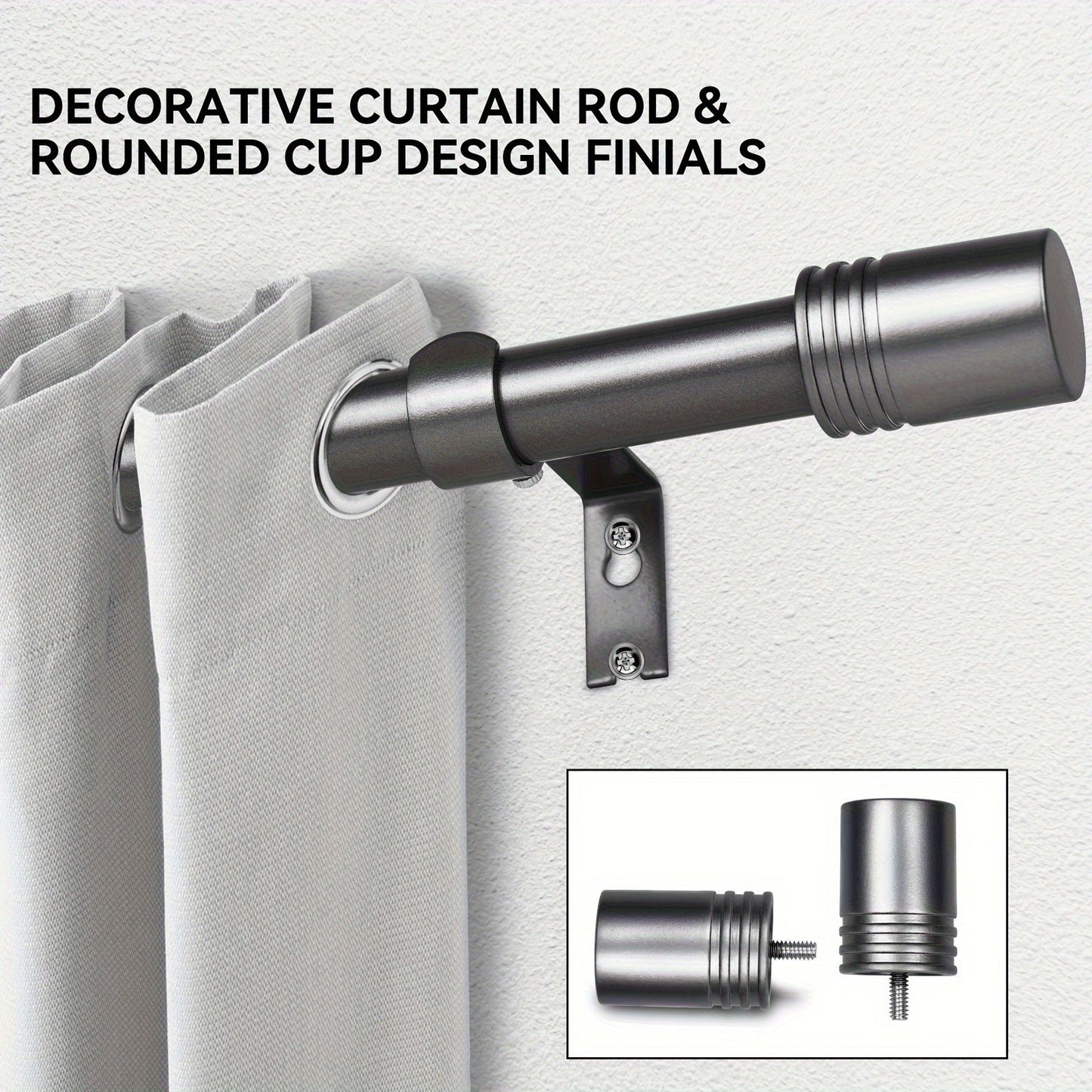 One-Inch Adjustable Curtain Rod with Rounded Cup Finials in Black, Brushed Nickel or Gold Finish