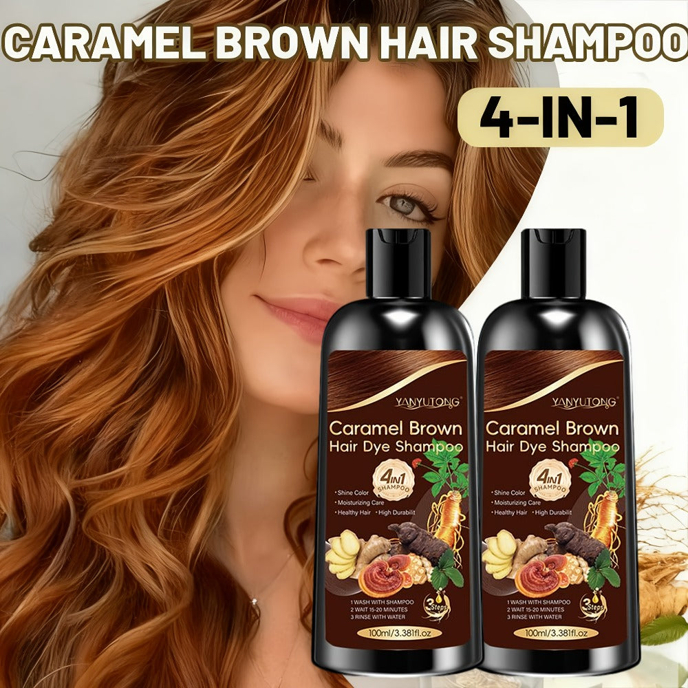 Hair Color Shampoo, YANYUTONG 4-in-1 Caramel Brown Two-Bottle Set with 3.38oz in Each Bottle