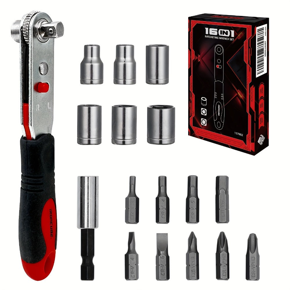 Right-Angle Ratcheting Screwdriver Set with 10- or 16-Piece Bit and Socket Configurations for Tight Access