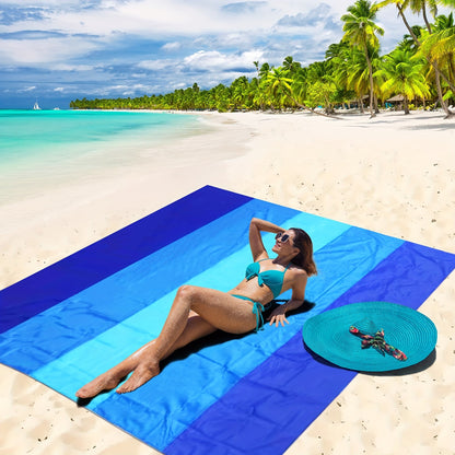 Blue Nylon Beach Mat with Four Stakes, Carabiner and Carry Pouch, 82 x 79in in Two Checkout Labels
