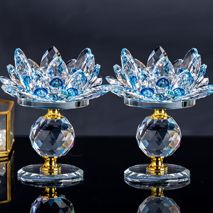 Lotus Candle Holder Pair with Faceted Crystal-Look Petals, 11cm Pedestal Form and Green, Purple, Blue or Pink Options