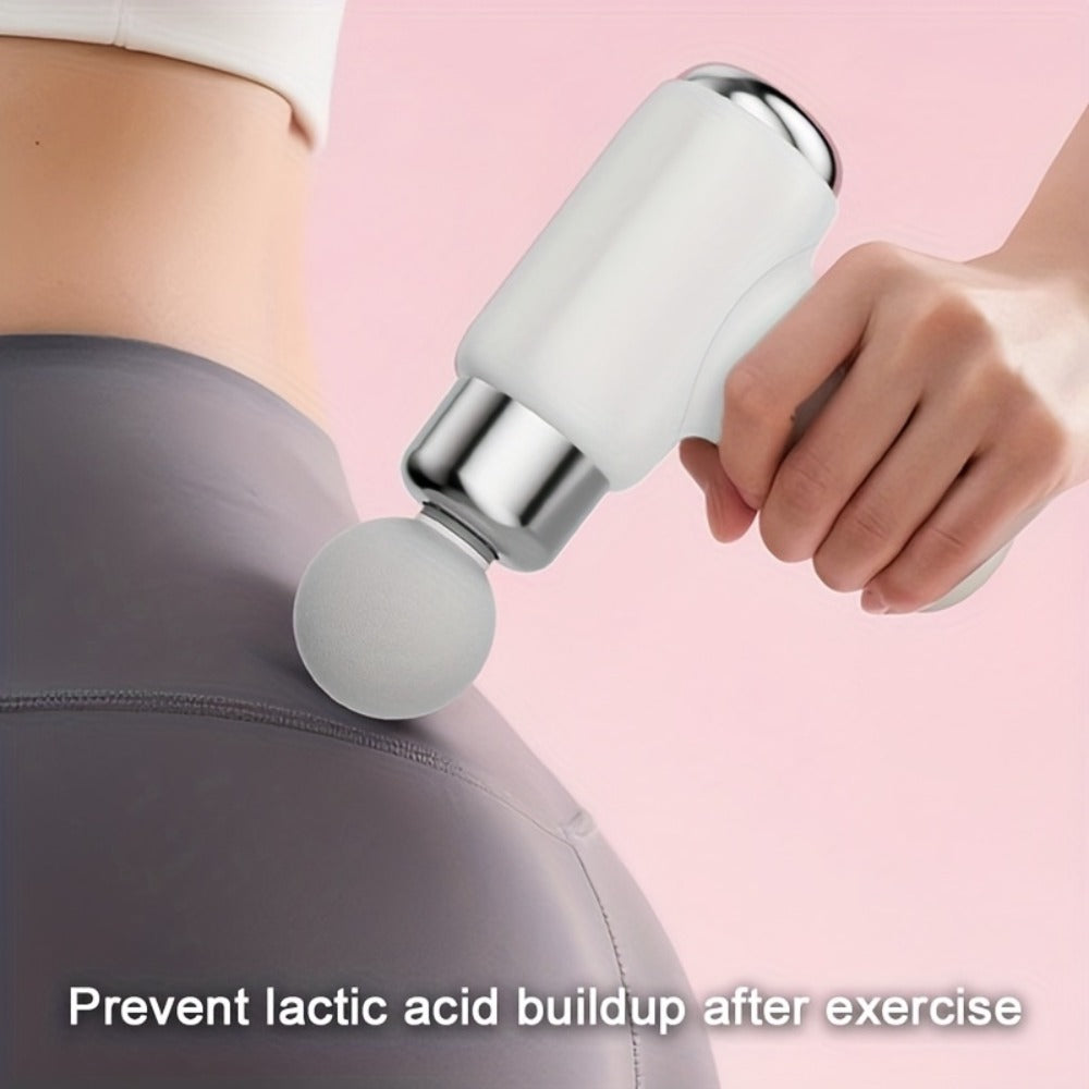 White USB-Rechargeable Massage Gun with Straight-Grip Body and Nine Interchangeable Massage Head Styles