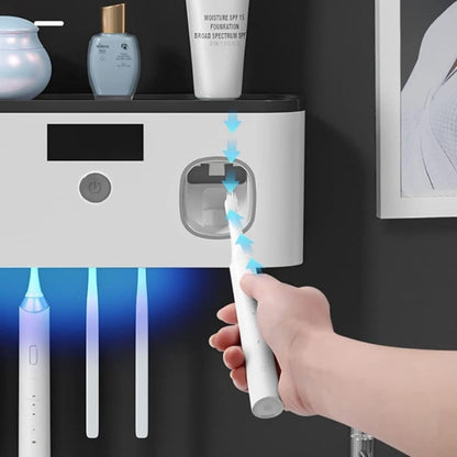 Five-Slot Gray Wall-Mounted Toothbrush Holder with Toothpaste Dispenser, Top Shelf and Display