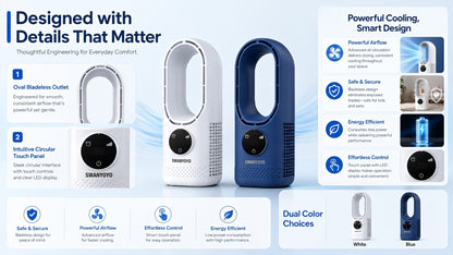 Portable Bladeless Fan USB Tower Fan, Desktop Air Conditioner Fan with Water Mist Cooling, Remote Control, Touch Screen, 7-Color LED Ambient Light and Timer, Personal Cooling Fan for Office, Travel, Camping, Home