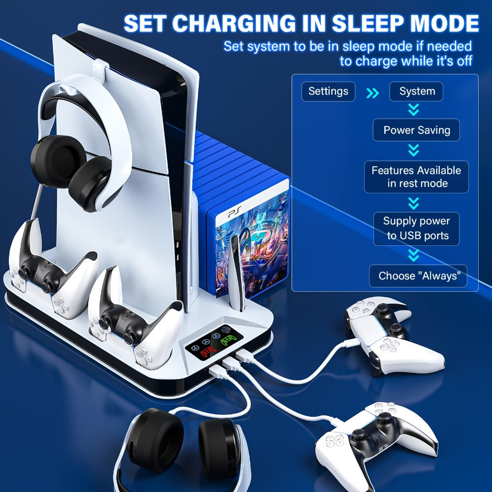 Black Console Cooling Stand Compatible with PS5, Slim and Pro Models, Three Fan Speeds and Dual Controller Dock