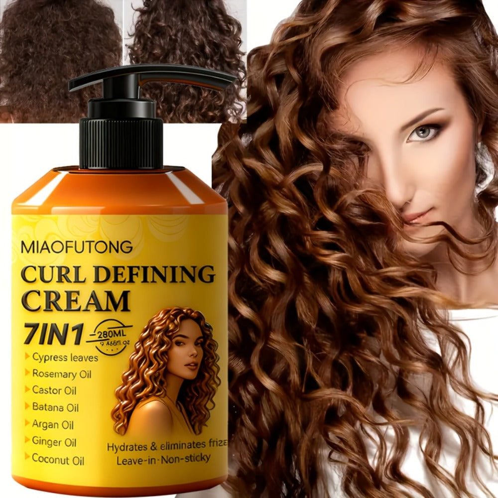 7-in-1 Botanical Curl Cream 280ml – Deep Moisture Curl Defining Cream with Argan, Rosemary, Castor & Coconut Oil, Anti-Frizz Long-Lasting Volume for Wavy Curly Coily Hair