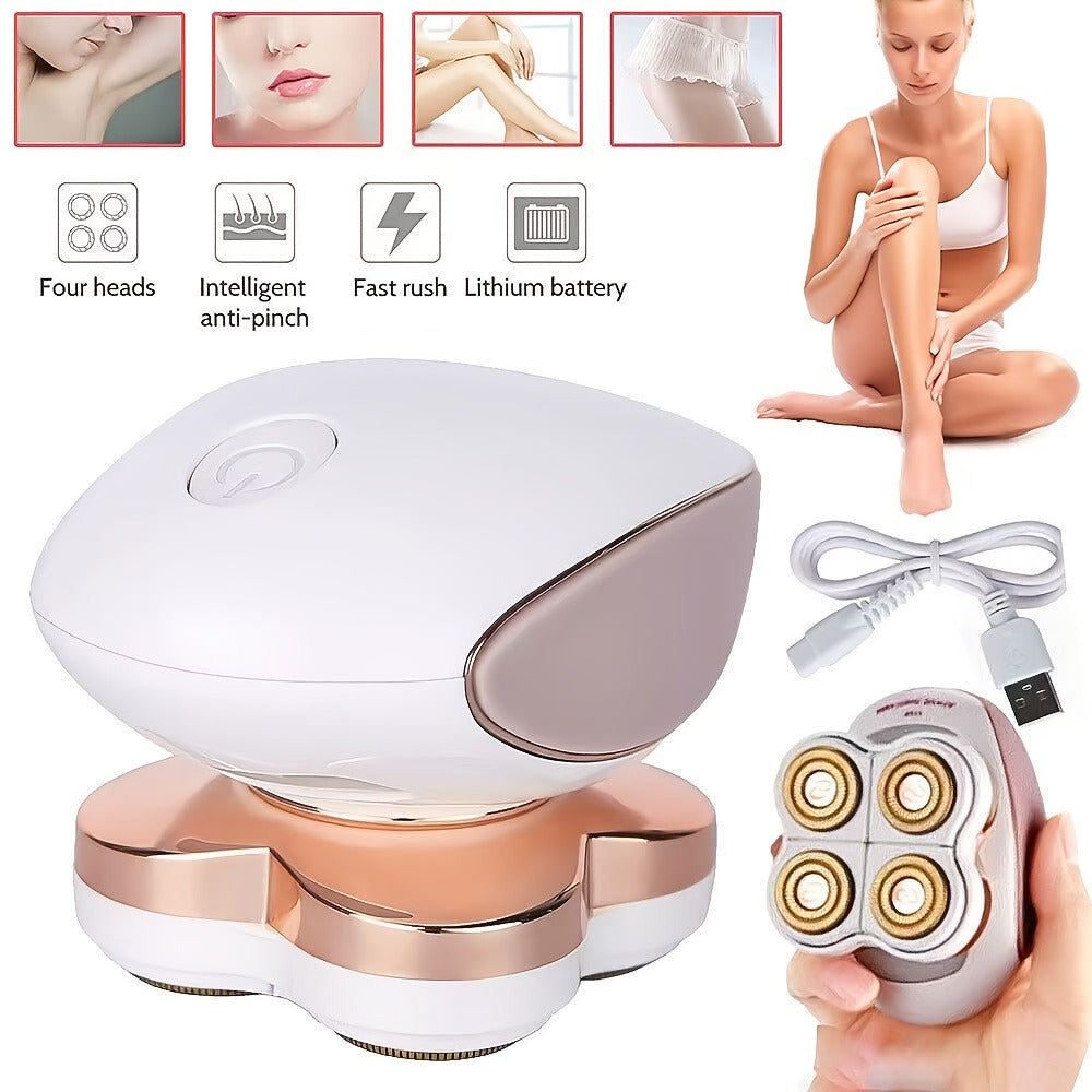 Women's Electric Shaver Full Body Hair Removal 4-Head 360° Rotating Wet Dry USB Rechargeable for Face Bikini Legs Arms Chest Underarms Travel-Friendly with Clipper Attachments