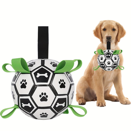 Dog Toy Soccer Ball with Grip Straps in 6 or 7.25-Inch Sizes for Tug, Fetch and Water Play