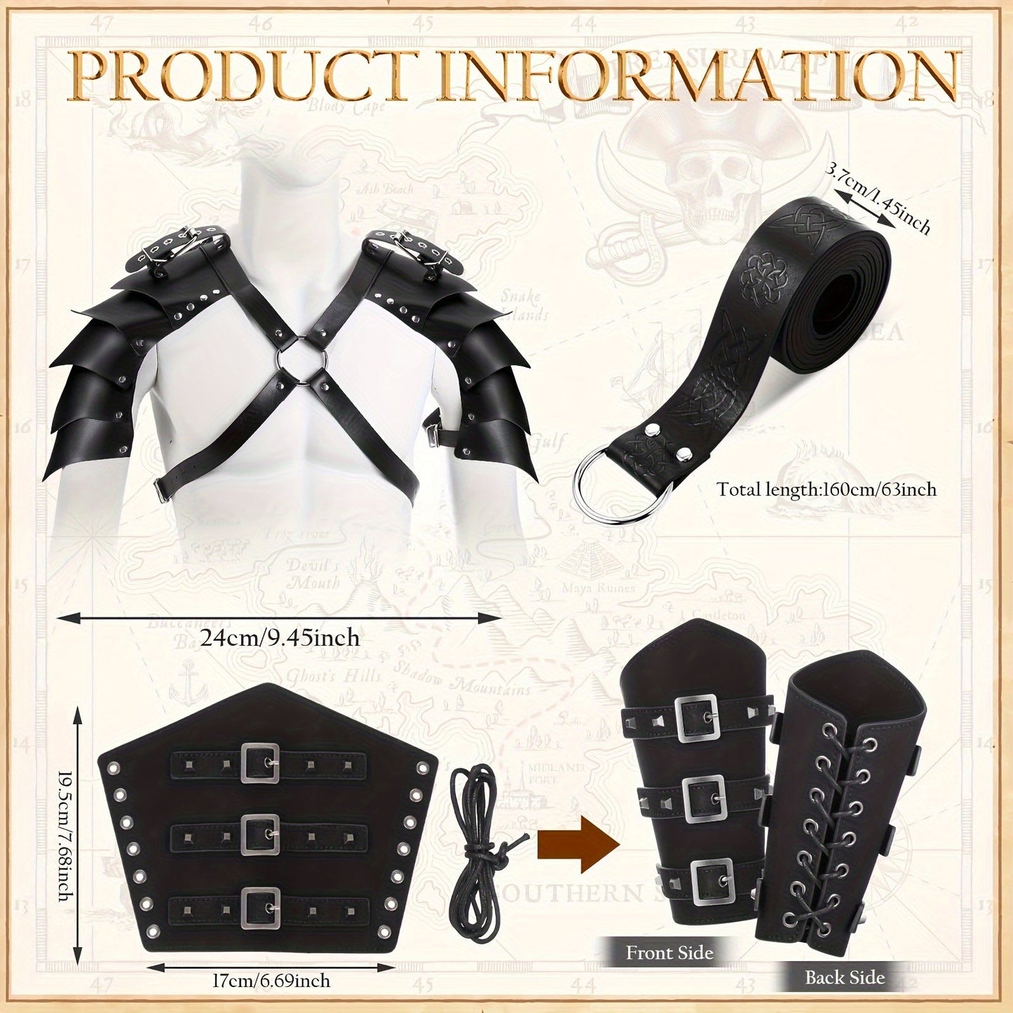 Costume Accessories 4-Piece Medieval Armor Set with Shoulder Cape, Arm Guards and Belt in Black