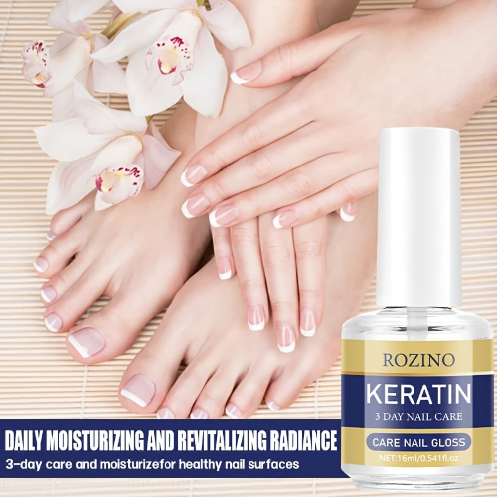 Three-Piece Keratin-Labeled Nail Care Gloss Set in Clear Bottles for Fingernail and Toenail Application