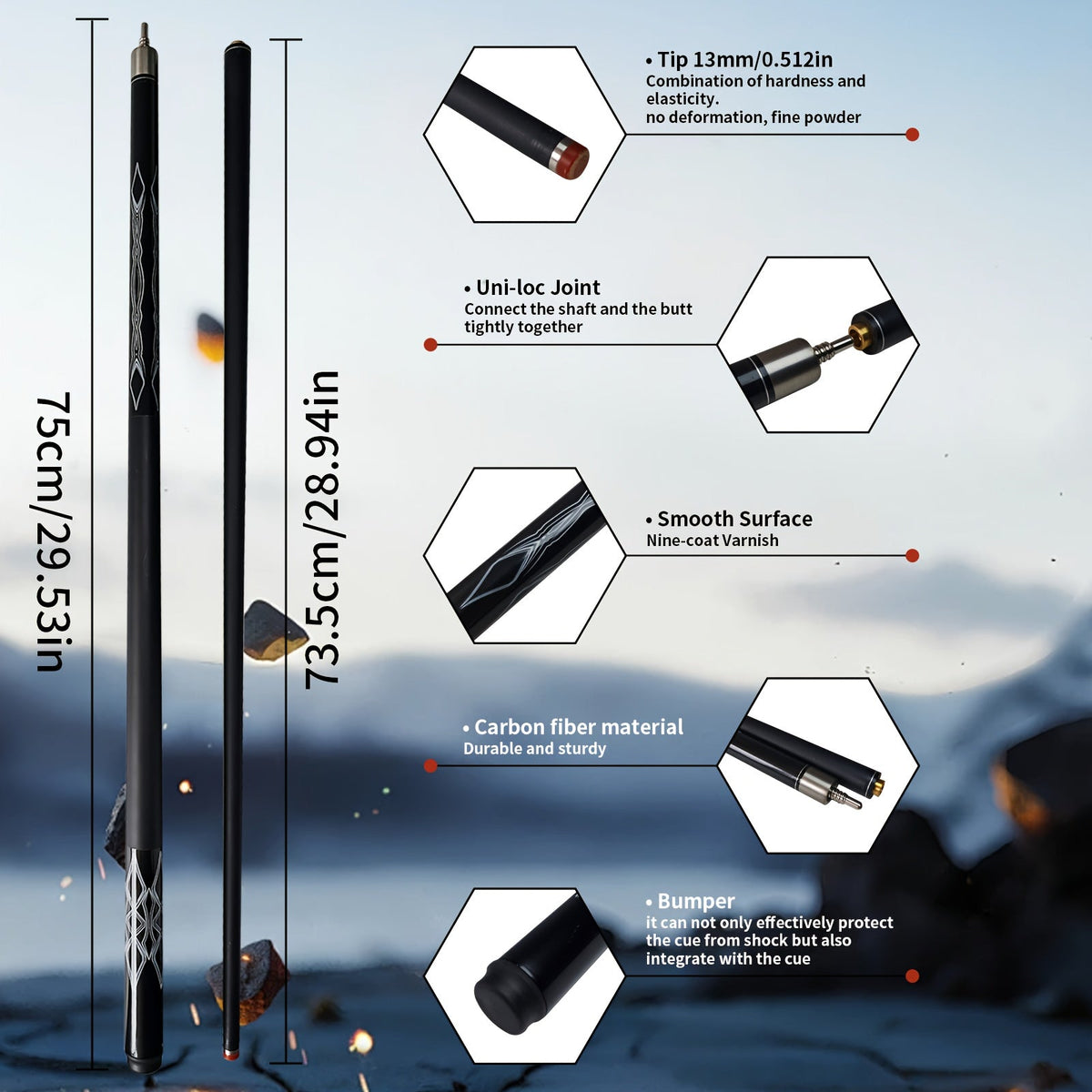 57-Inch Carbon Fiber Pool Cue with 13mm Tip, Two-Piece Black Patterned Design and Metal Joint