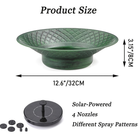 Bird Bath Solar Fountain 12.6" Green Metal Bowl Garden
