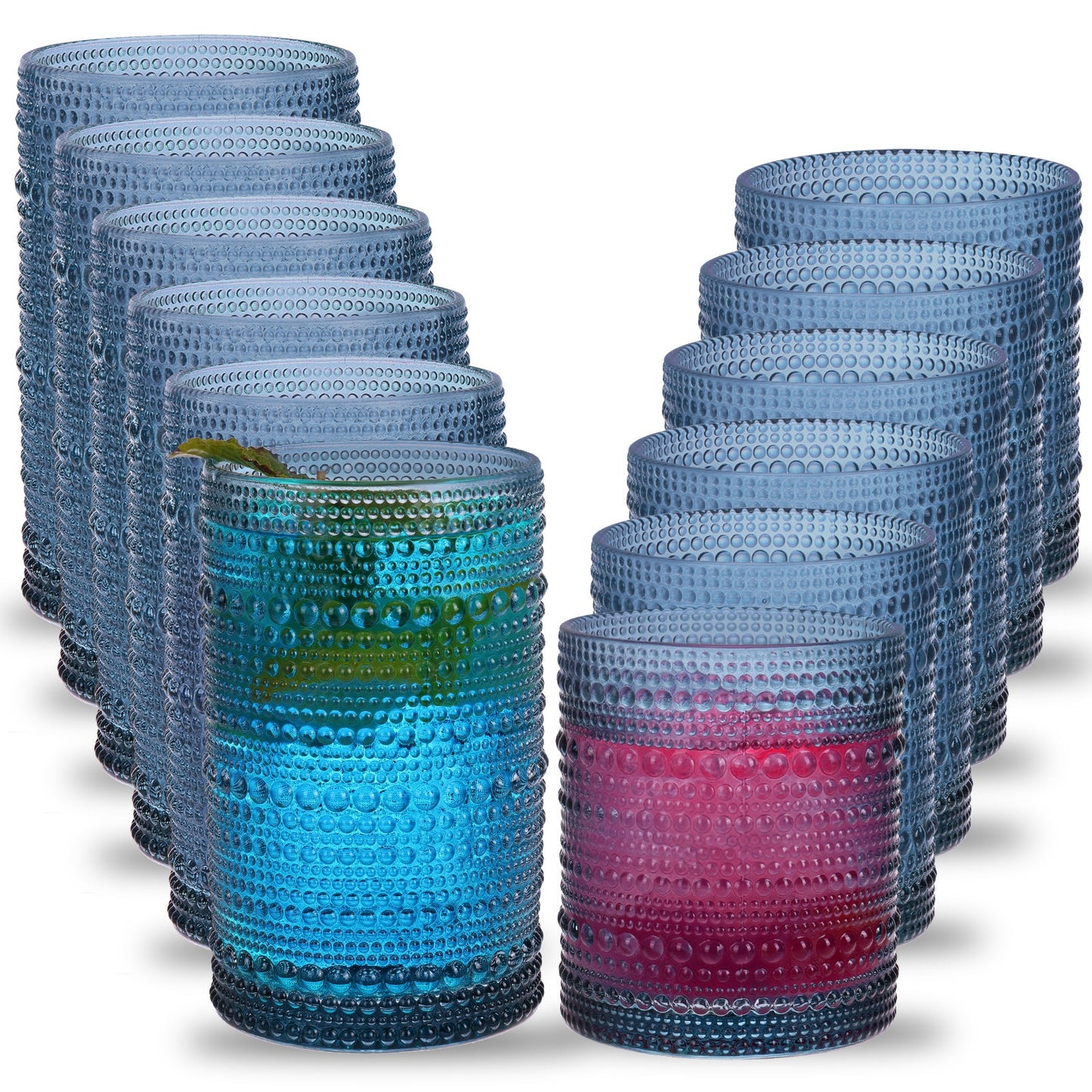 Hobnail Drinking Glasses Set 12pcs – 12oz Highball & 10oz Cocktail Vintage Embossed Boho Glassware for Beer, Juice, Tea, Milk