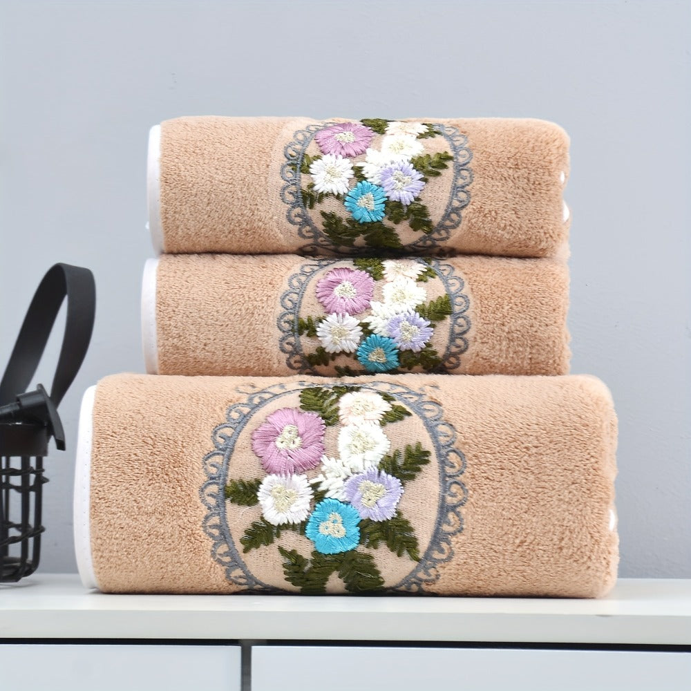 Towel Set 3-Piece Embroidered Flower Bath and Face Towels in White, Blue, Pink or Gray for Home and Guest Use