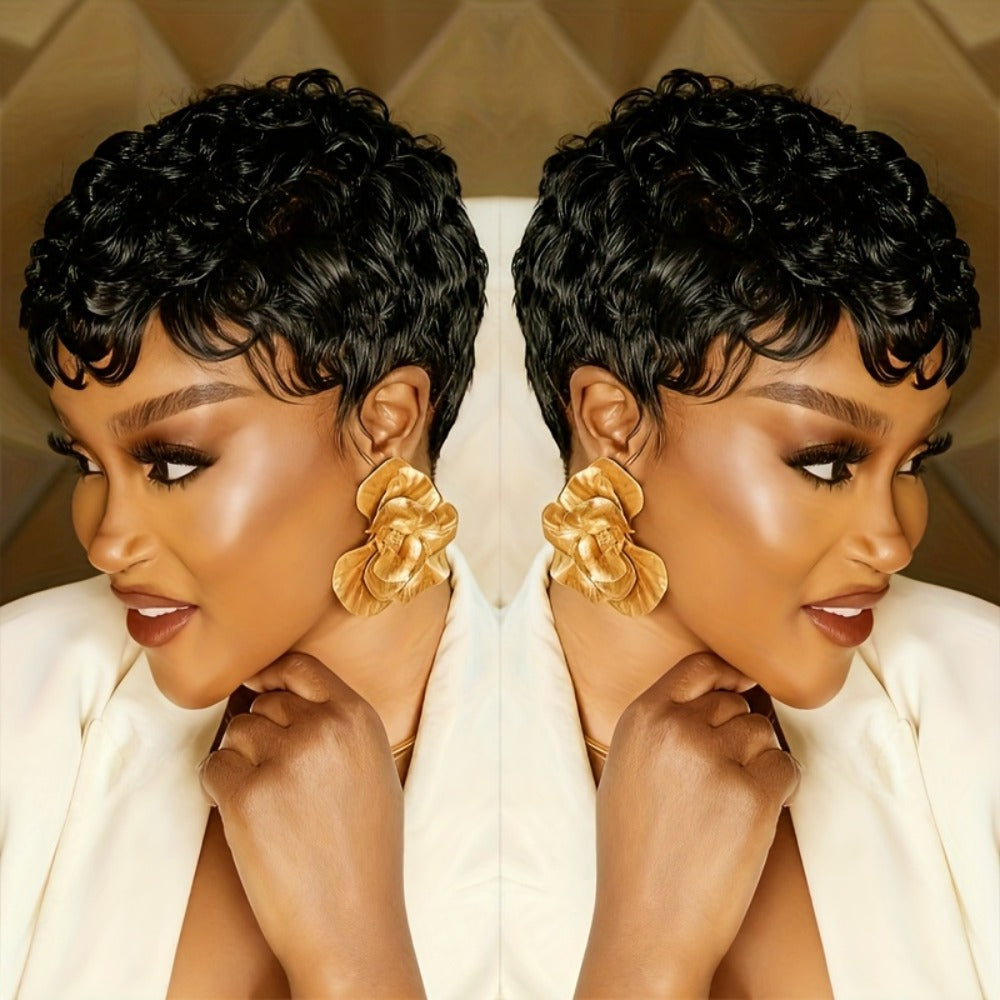 Glueless Human Hair Wig Short Curly Pixie Cut with Bangs – 180% Density Brazilian Remy Natural Black, Layered Loose Curly Bob Machine Made Cap for Women, Lightweight Comfortable Daily Wear, 6 Inch