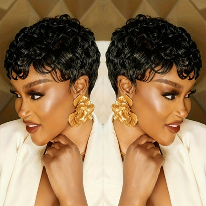 Glueless Human Hair Wig Short Curly Pixie Cut with Bangs – 180% Density Brazilian Remy Natural Black, Layered Loose Curly Bob Machine Made Cap for Women, Lightweight Comfortable Daily Wear, 6 Inch