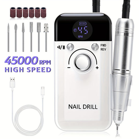 Electric Nail Drill 45000 RPM Rechargeable Kit with LCD Display and V6 Pink or White Options